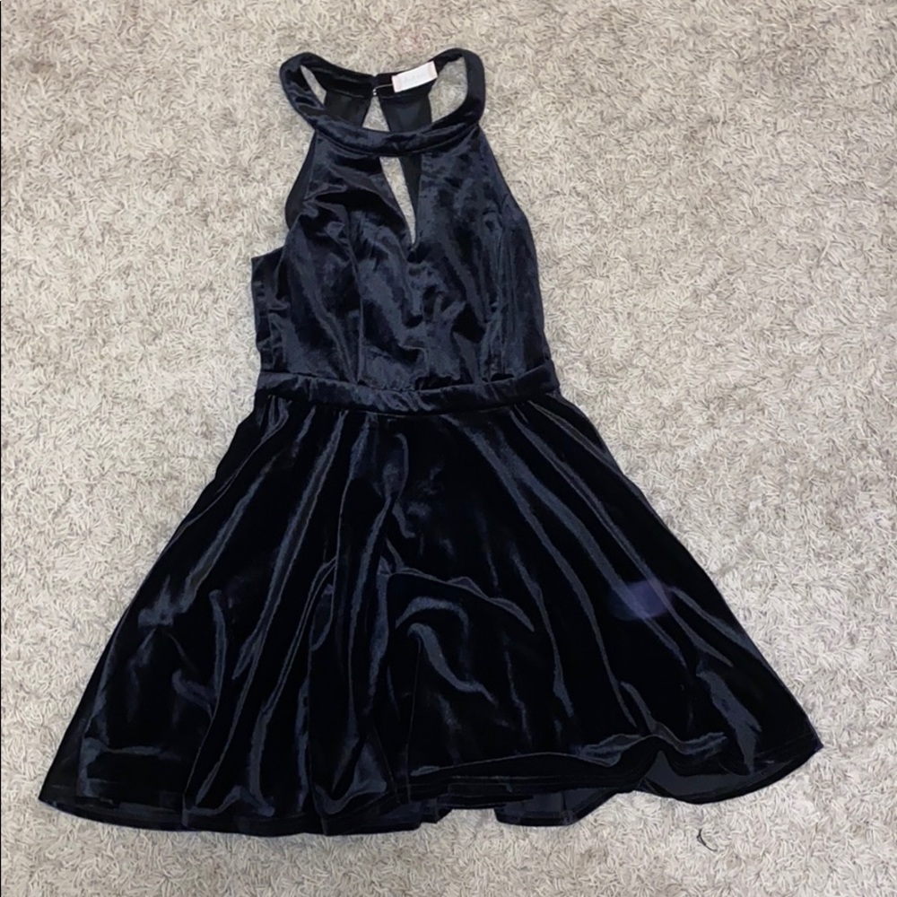 Black halter velvet mini skater skirt dress